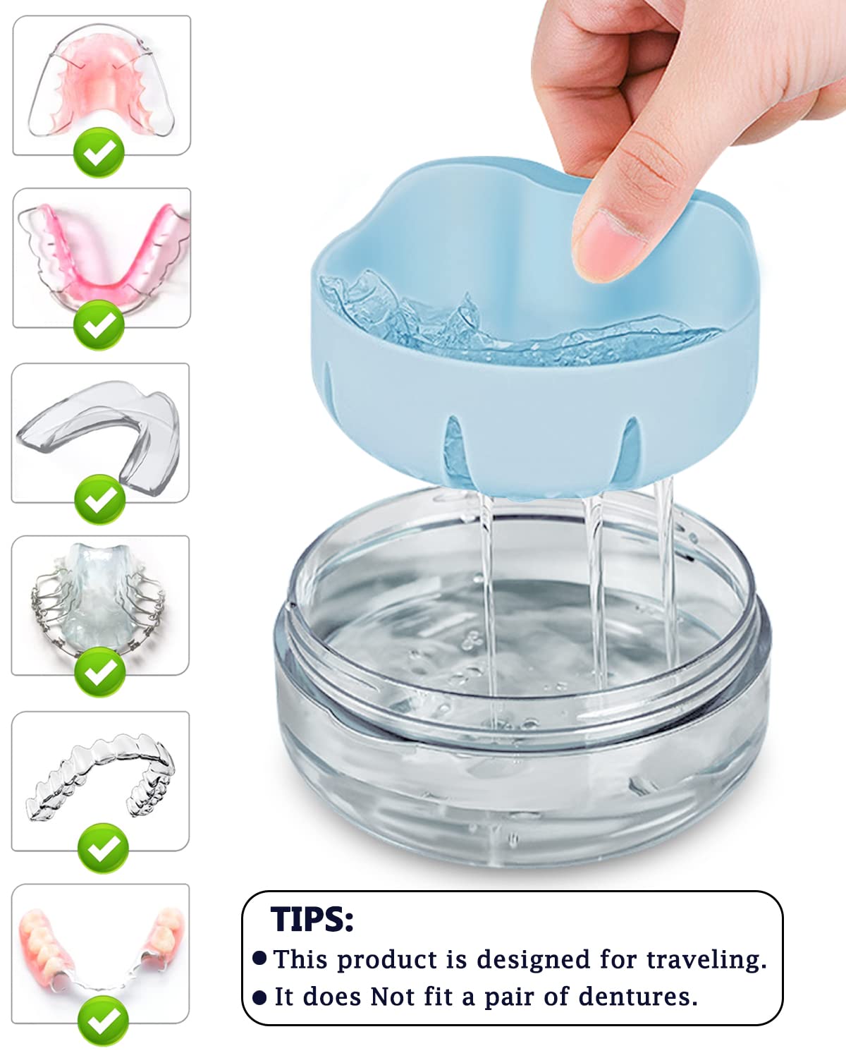 Denture Case No-Leak Travel Box with Strainer & Magnetic Mirror - BLUE