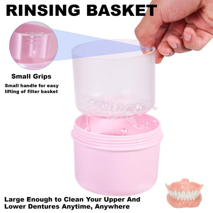 Leak-Proof Travel Denture Case | Denture Bath Cup & Cleaning Kit (Pink)