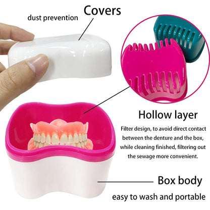 Denture Case Kit with Lid – 2 Bath Cups, 2 Brushes & 2 Portable Boxes