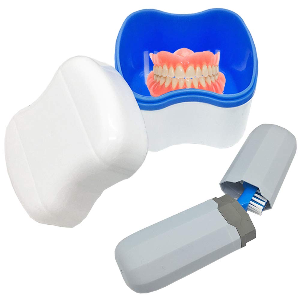 Denture Case Kit - 2 Bath Cups, 2 Brushes & 2 Portable Toothbrush Boxes, Retainer Bath With Lid, Cleaning Boxes, Travel Toothbrush Kit
