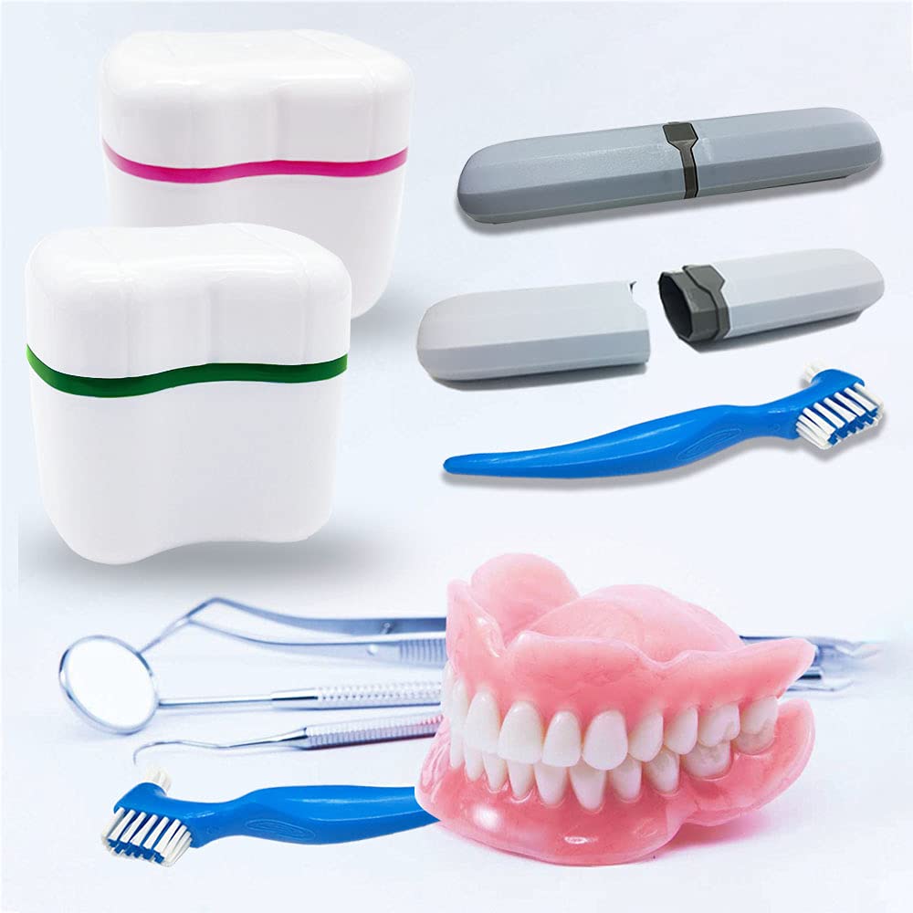 Denture Case Kit with Lid – 2 Bath Cups, 2 Brushes & 2 Portable Boxes