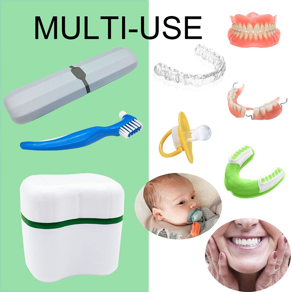 Denture Case Kit with Lid – 2 Bath Cups, 2 Brushes & 2 Portable Boxes