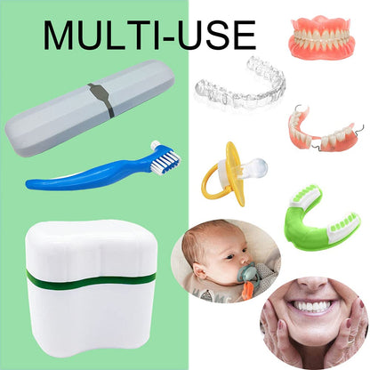 Denture Case Kit with Lid – 2 Bath Cups, 2 Brushes & 2 Portable Boxes