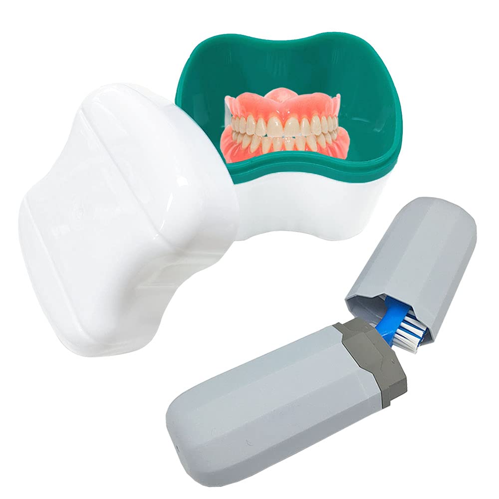 Denture Case Kit with Lid – 2 Bath Cups, 2 Brushes & 2 Portable Boxes