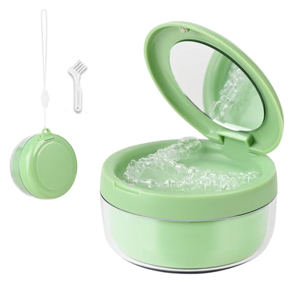 Denture Case - Leak-Proof Denture Soaking Container with Strainer (Green)