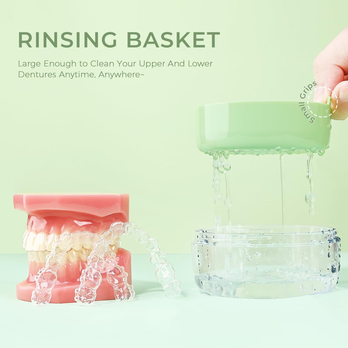 Denture Case - Leak-Proof Denture Soaking Container with Strainer (Green)