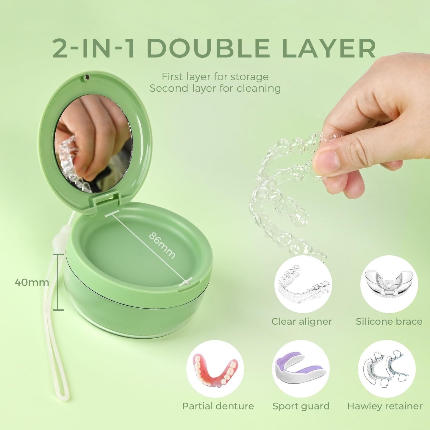 Denture Case - Leak-Proof Denture Soaking Container with Strainer (Green)
