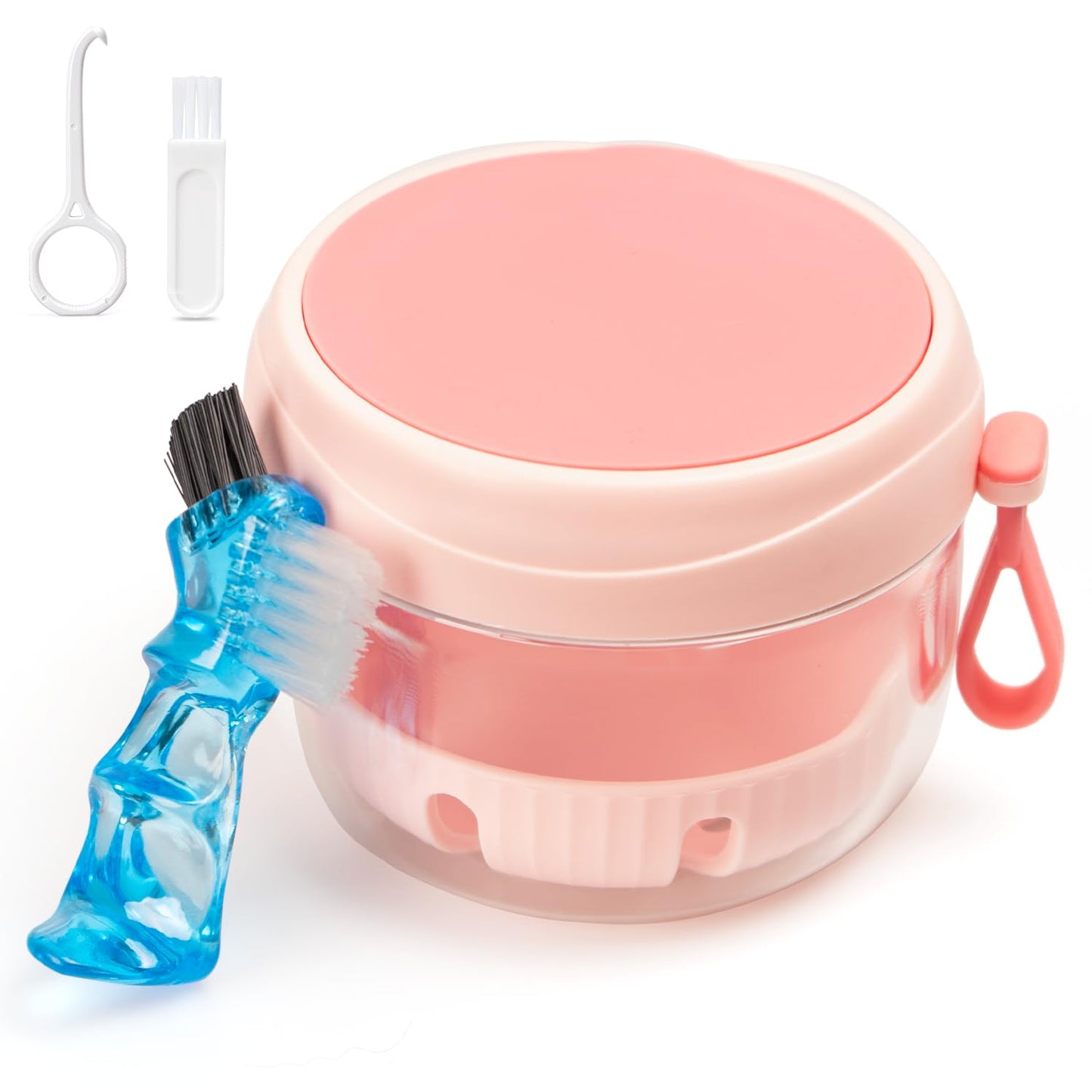 Denture Case - Leak-Proof Travel Bath Cup (Pink) with Mirror, Brush & Aligner Removal Tool