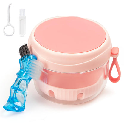 Denture Case - Leak-Proof Travel Bath Cup (Pink) with Mirror, Brush & Aligner Removal Tool