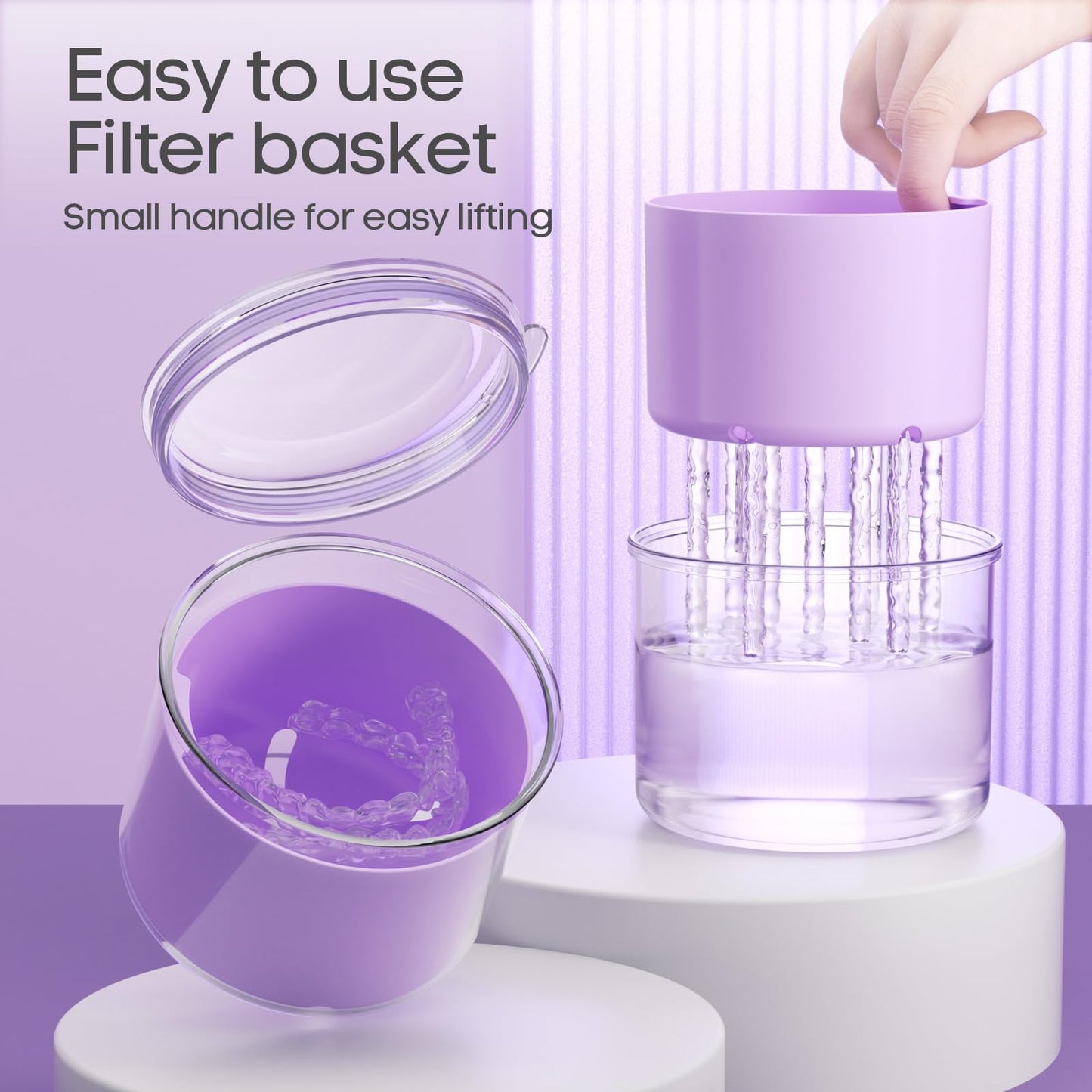 Denture Case with Brush - Bath Cup for Dentures & Retainers (Purple)
