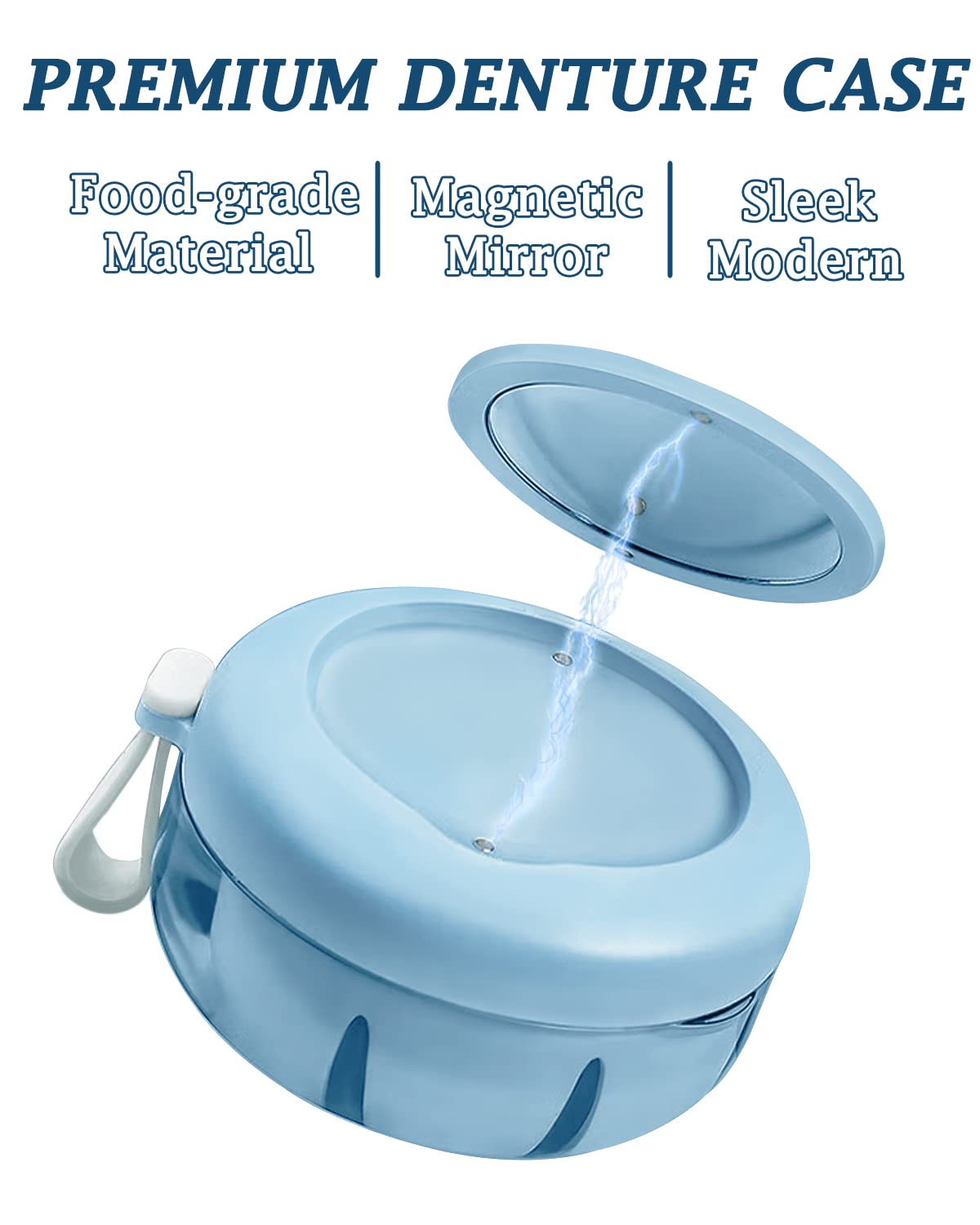 Denture Case No-Leak Travel Box with Strainer & Magnetic Mirror - BLUE