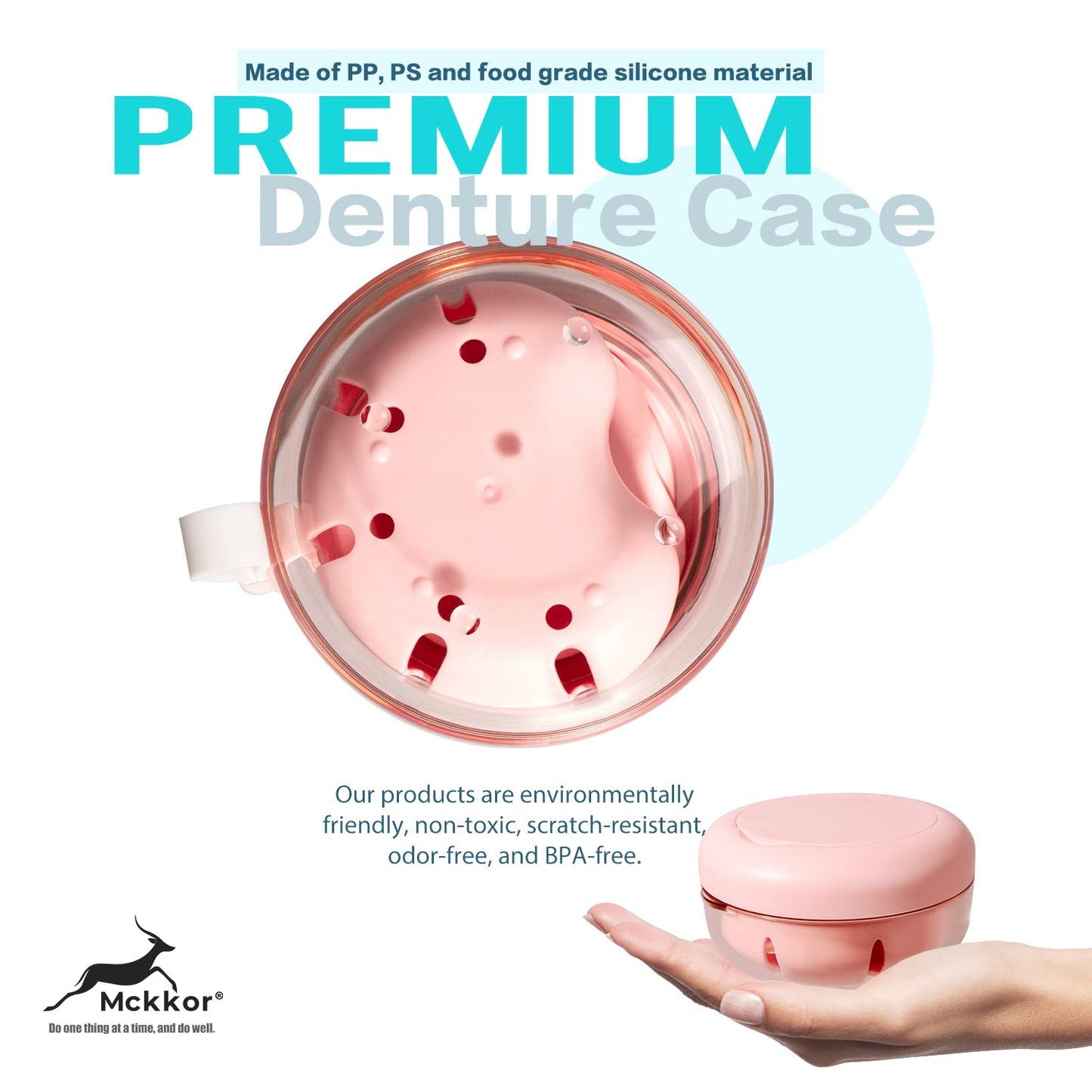 Denture Case - Leak-Proof Travel Denture Box with Mirror and Strainer (Pink)