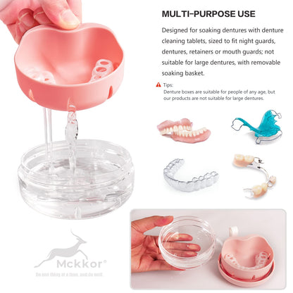 Denture Case - Leak-Proof Travel Denture Box with Mirror and Strainer (Pink)