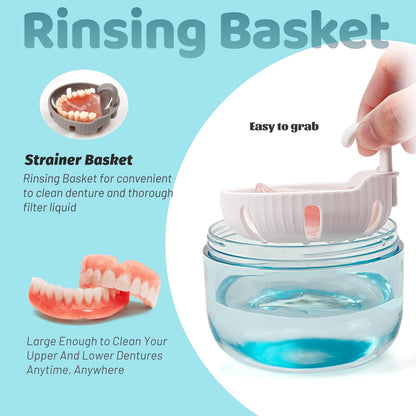 Denture Case – Leak-Proof Travel Denture Bath Cup for Full & Partial Dentures, Retainers, Aligners | Includes Brush & Removal Tool