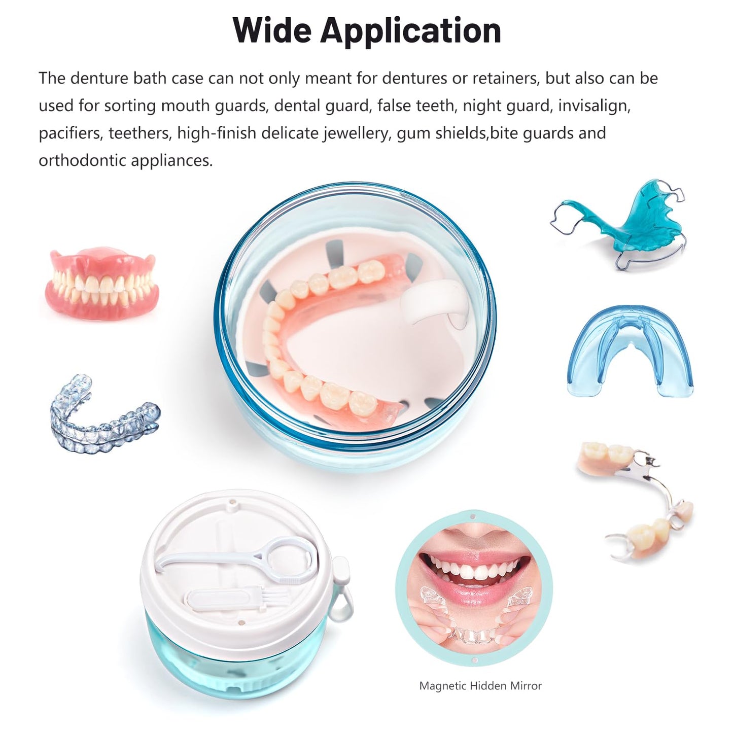 Denture Case – Leak-Proof Travel Denture Bath Cup for Full & Partial Dentures, Retainers, Aligners | Includes Brush & Removal Tool