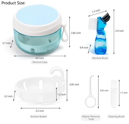 Denture Case – Leak-Proof Travel Denture Bath Cup for Full & Partial Dentures, Retainers, Aligners | Includes Brush & Removal Tool
