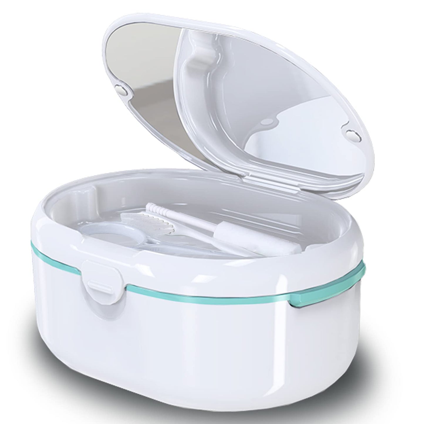 Portable Denture Case with Lid - Wet & Dry Cup, White