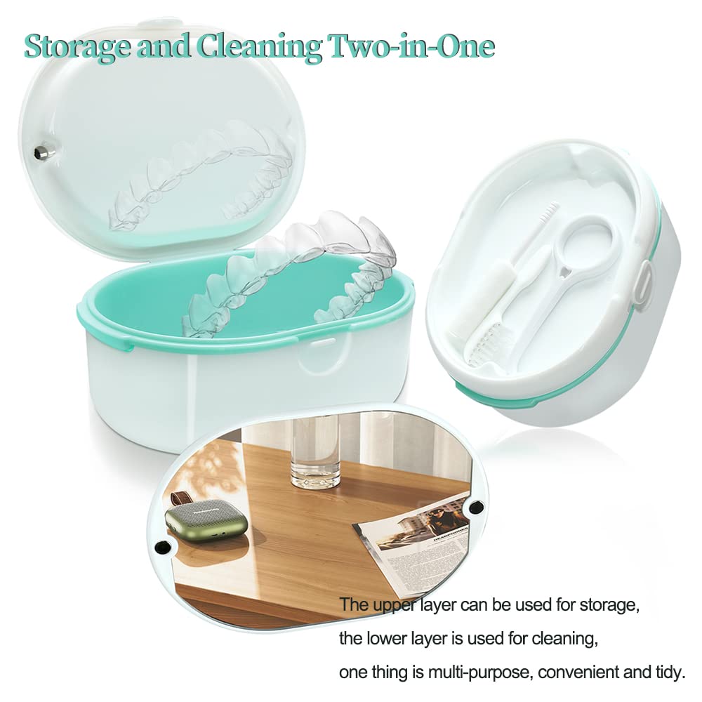 Portable Denture Case with Lid - Wet & Dry Cup, White