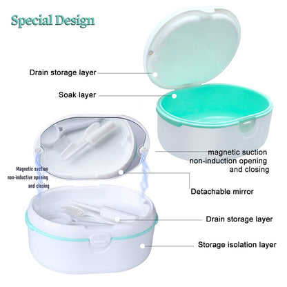 Portable Denture Case with Lid - Wet & Dry Cup, White