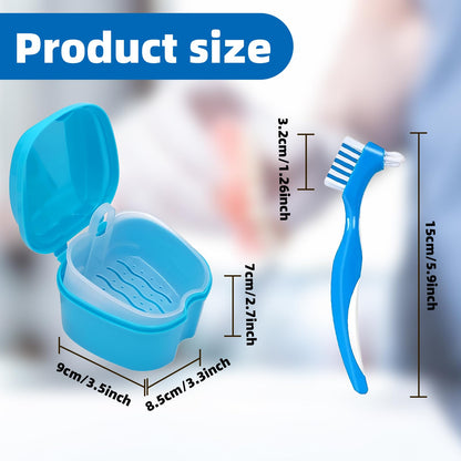 Denture Cleaner Box & Brush Set – 2 Pack Bath Case with Basket (Light & Dark Blue)