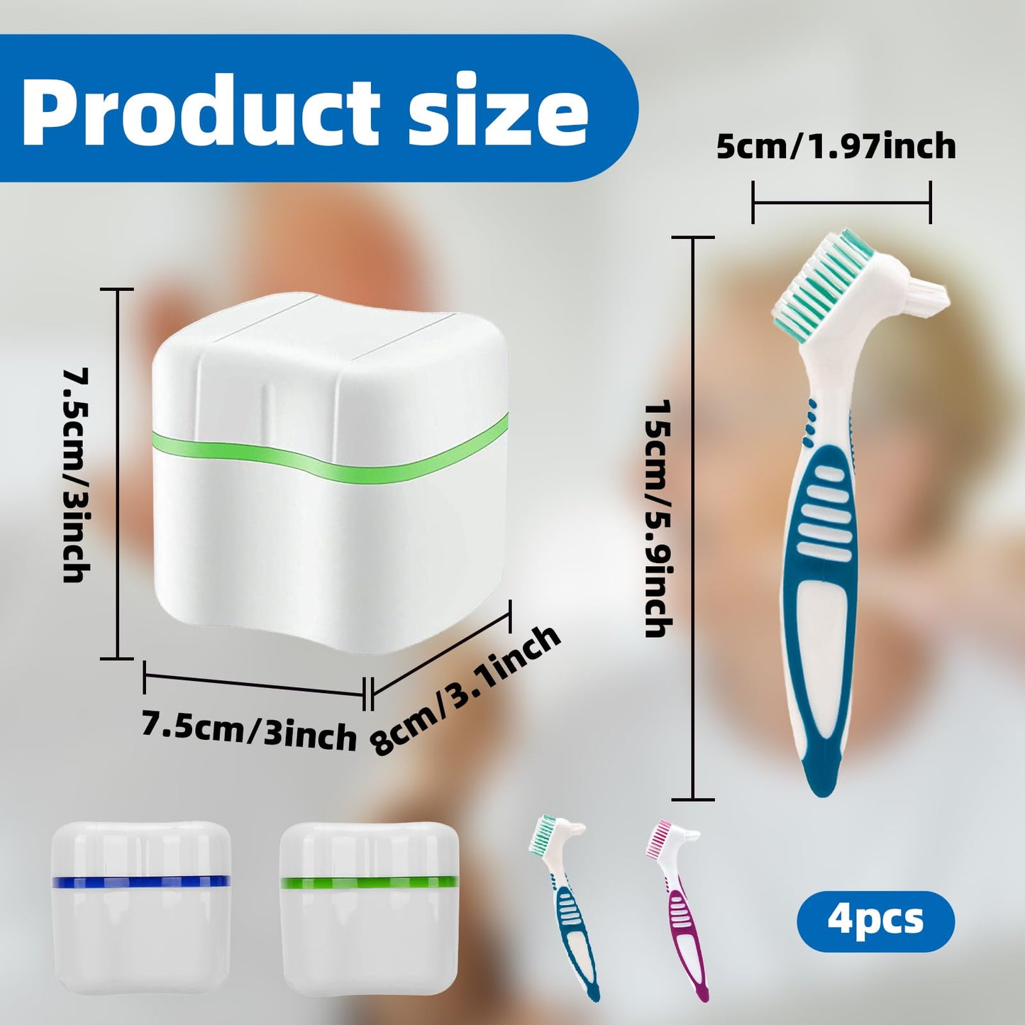 Denture Cleaner Box & Brush Set – 2 Pack Bath Case with Basket + 2 Denture Brushes (Green & Dark Blue)