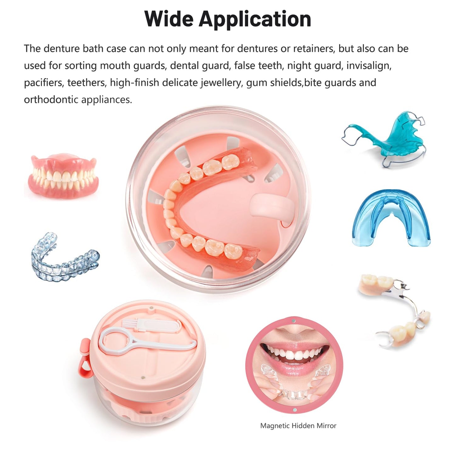 Denture Case - Leak-Proof Travel Bath Cup (Pink) with Mirror, Brush & Aligner Removal Tool
