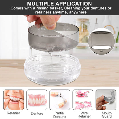 Leak-Proof Denture Case with Mirror - Travel Bath Box Grey