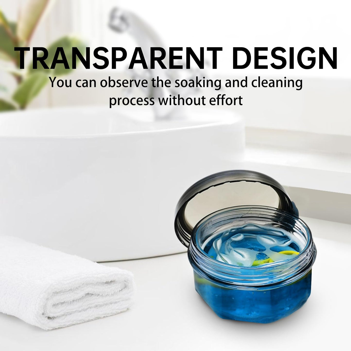 Leak Proof Denture Cups - Travel Bath Case with Brush, Transparent Black