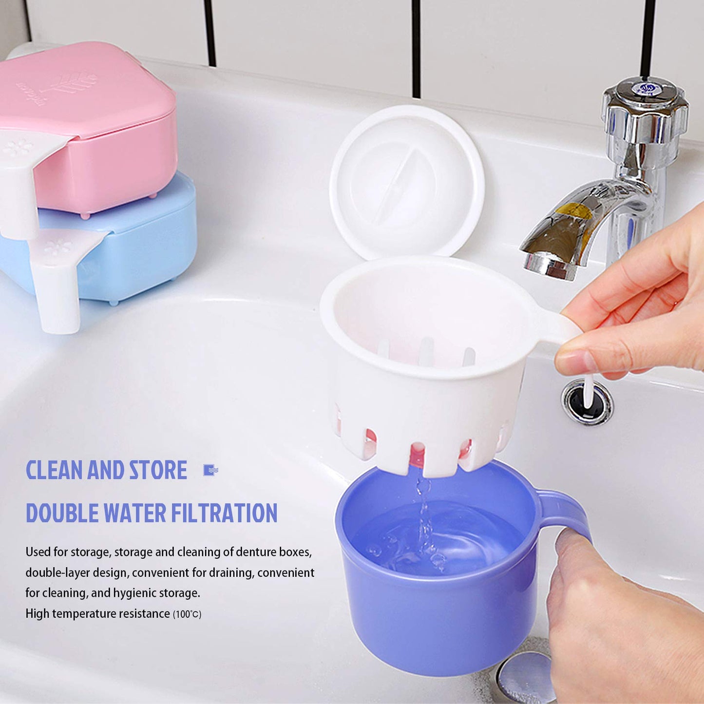 Large Denture Bath Cup with Lid & Filter – 10.6 oz (300 ml) Denture Soaking Box