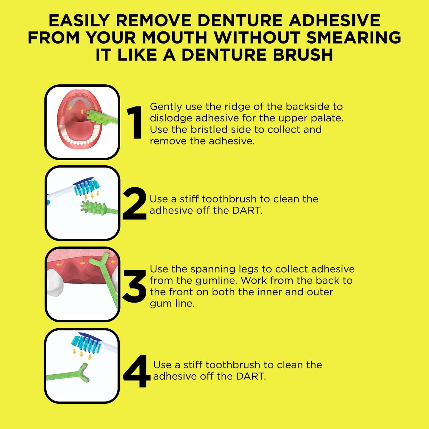 Denture Dart V3 – Hard Plastic Denture Brush & Gel Adhesive Remover