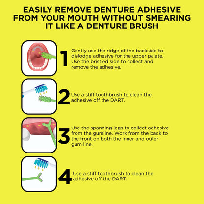 Denture Dart V4 Hard Plastic Denture Brush | Gel Adhesive Remover | Textured Grip