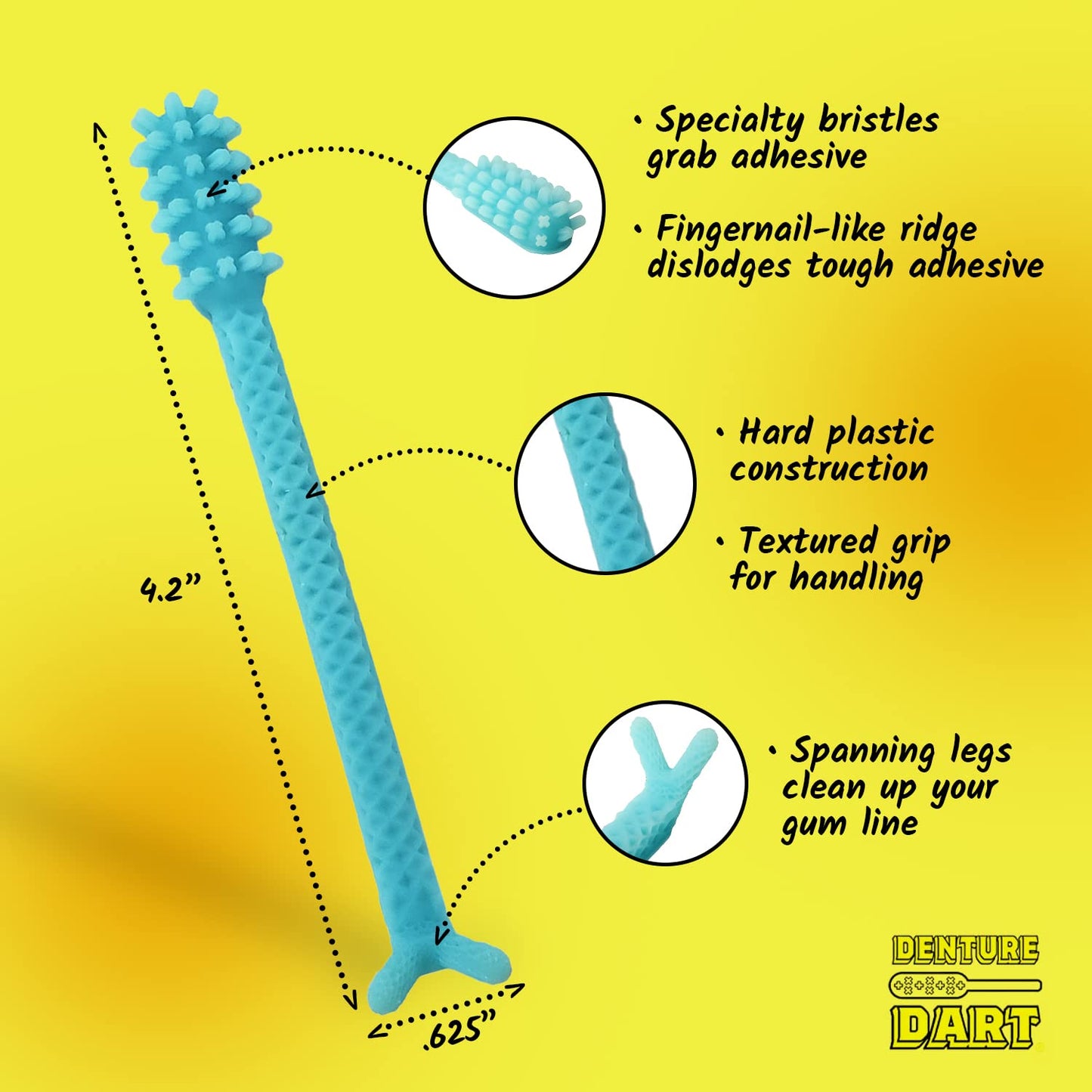 Denture Dart V4 Hard Plastic Denture Brush | Gel Adhesive Remover | Textured Grip