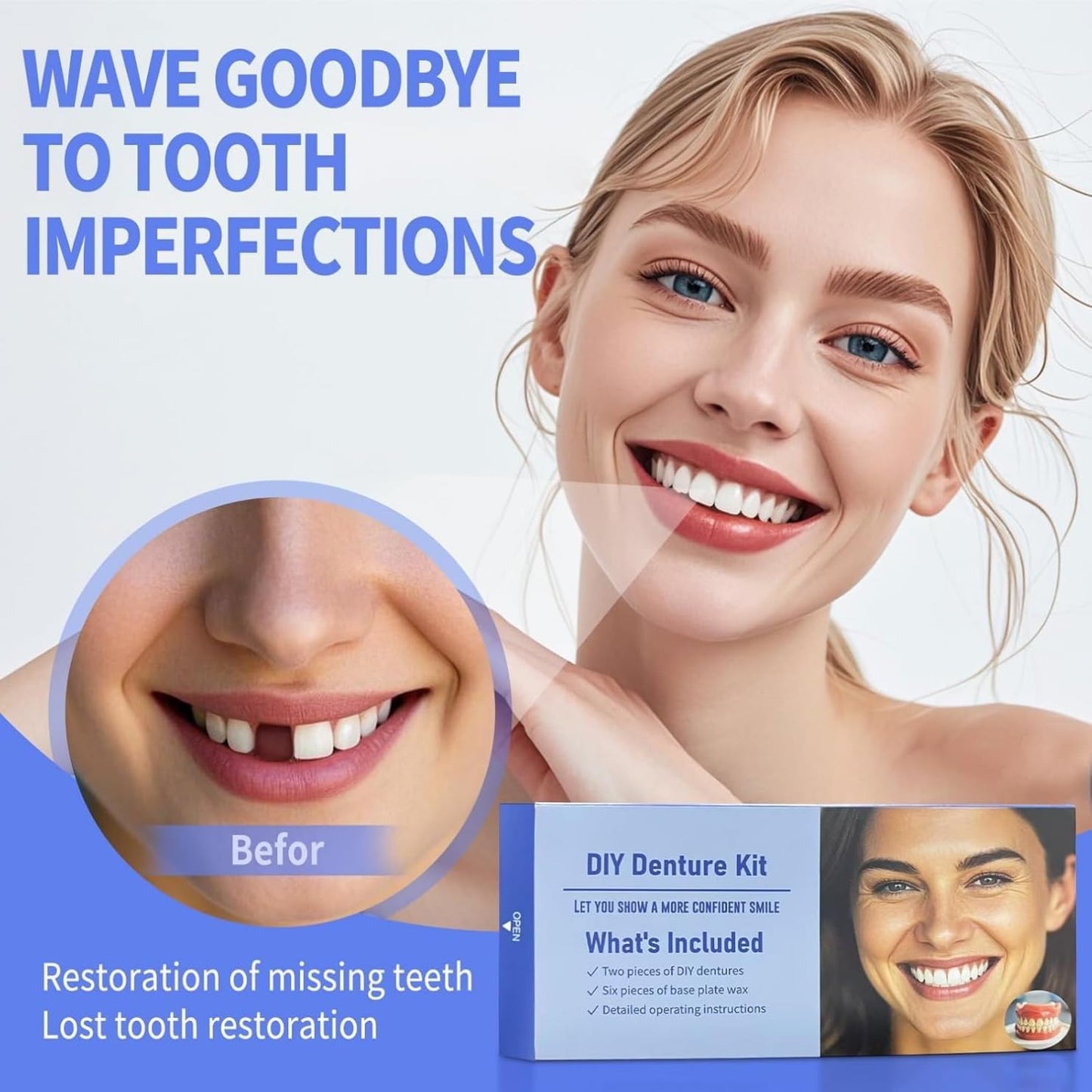 DIY Denture Kit - Complete Upper & Lower Teeth for Home Smile Makeover AA03