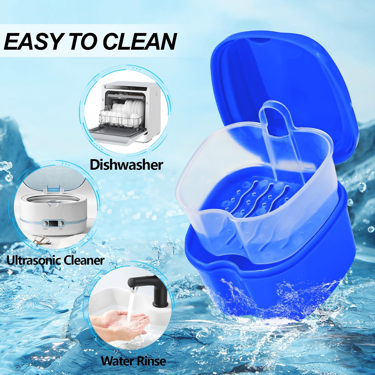 2 Pack Denture Bath Case with Lid & Strainer Basket – Lake Green & Dark Blue