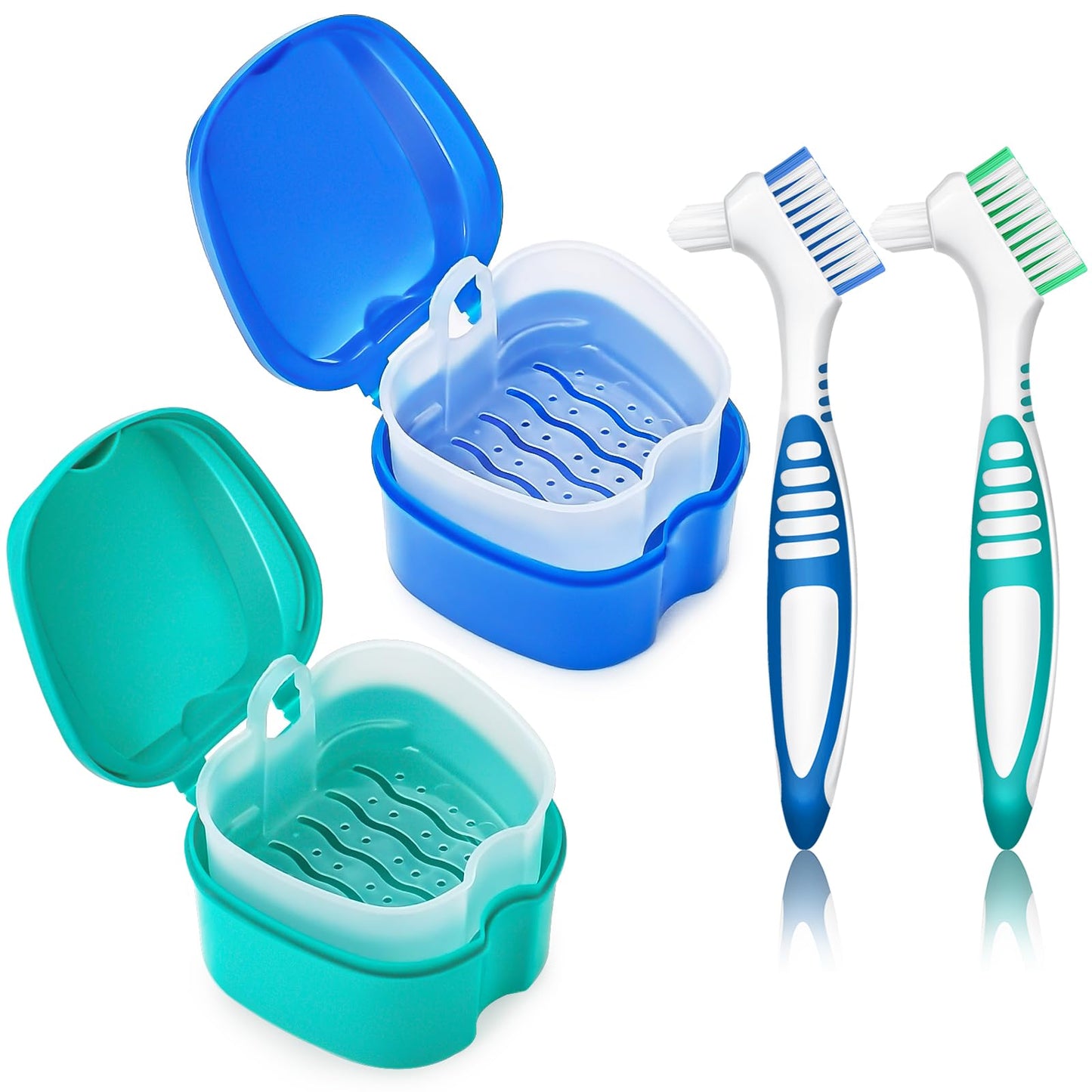 2 Pack Denture Bath Case with Lid & Strainer Basket – Lake Green & Dark Blue