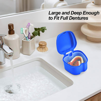 2 Pack Denture Bath Case with Lid & Strainer Basket – Lake Green & Dark Blue