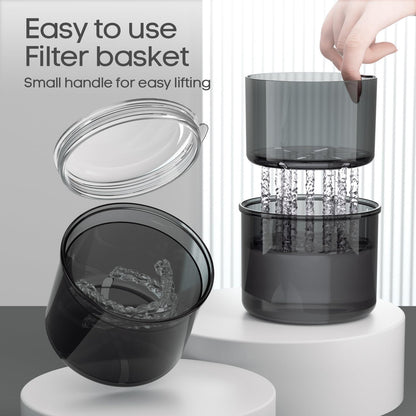 Black Denture Case – Bath Cup with Brush for Dentures, Retainers & Mouth Guards