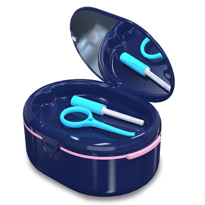 Blue Dentures Case - Double Layer Denture Bath Cup with Lid | Portable