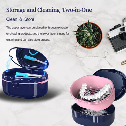 Blue Dentures Case - Double Layer Denture Bath Cup with Lid | Portable