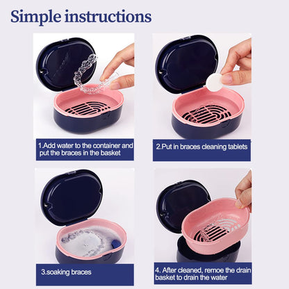 Blue Dentures Case - Double Layer Denture Bath Cup with Lid | Portable