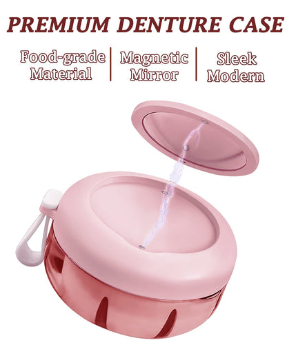Pink No-Leak Denture Case | Travel-Friendly Denture Bath Box with Strainer & Magnetic Mirror