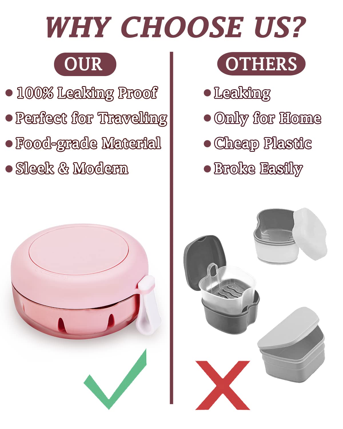 Pink No-Leak Denture Case | Travel-Friendly Denture Bath Box with Strainer & Magnetic Mirror