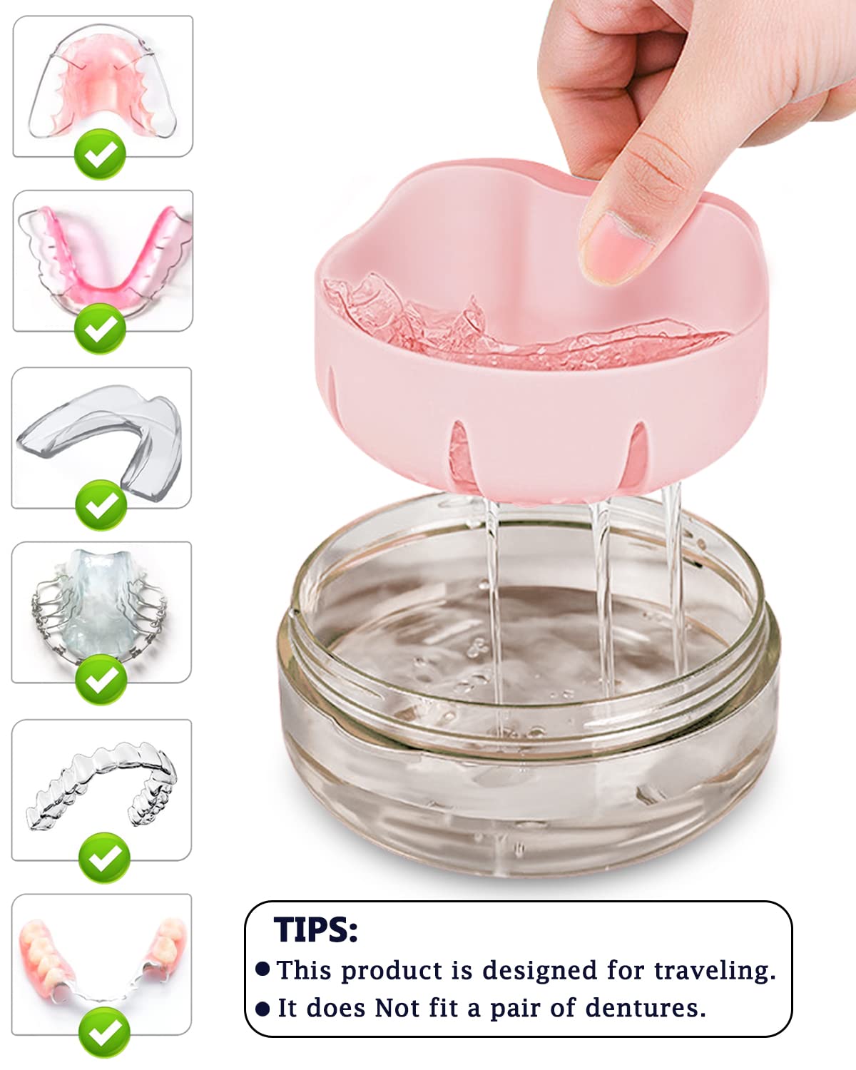 Pink No-Leak Denture Case | Travel-Friendly Denture Bath Box with Strainer & Magnetic Mirror