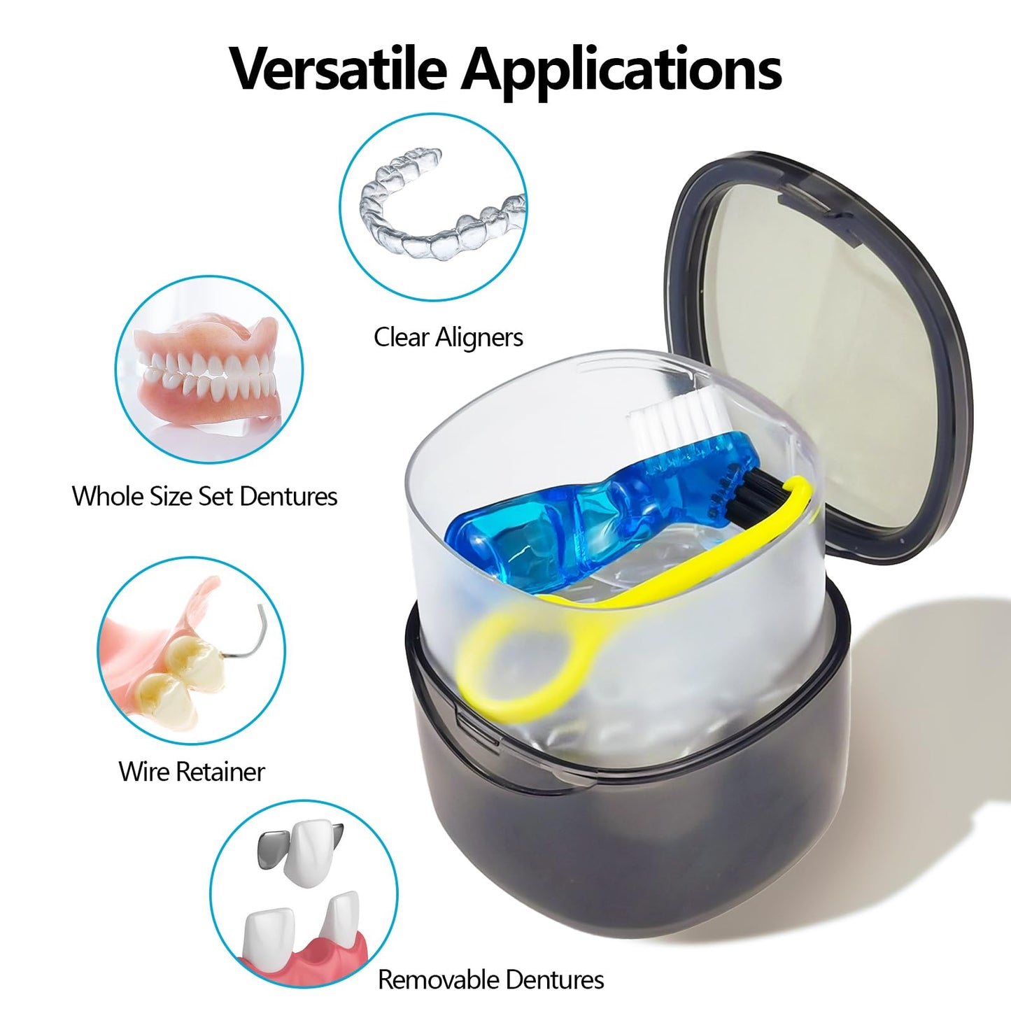 Denture Case No-Leak Soaking Container | Partial Denture Cups | Transparent Black