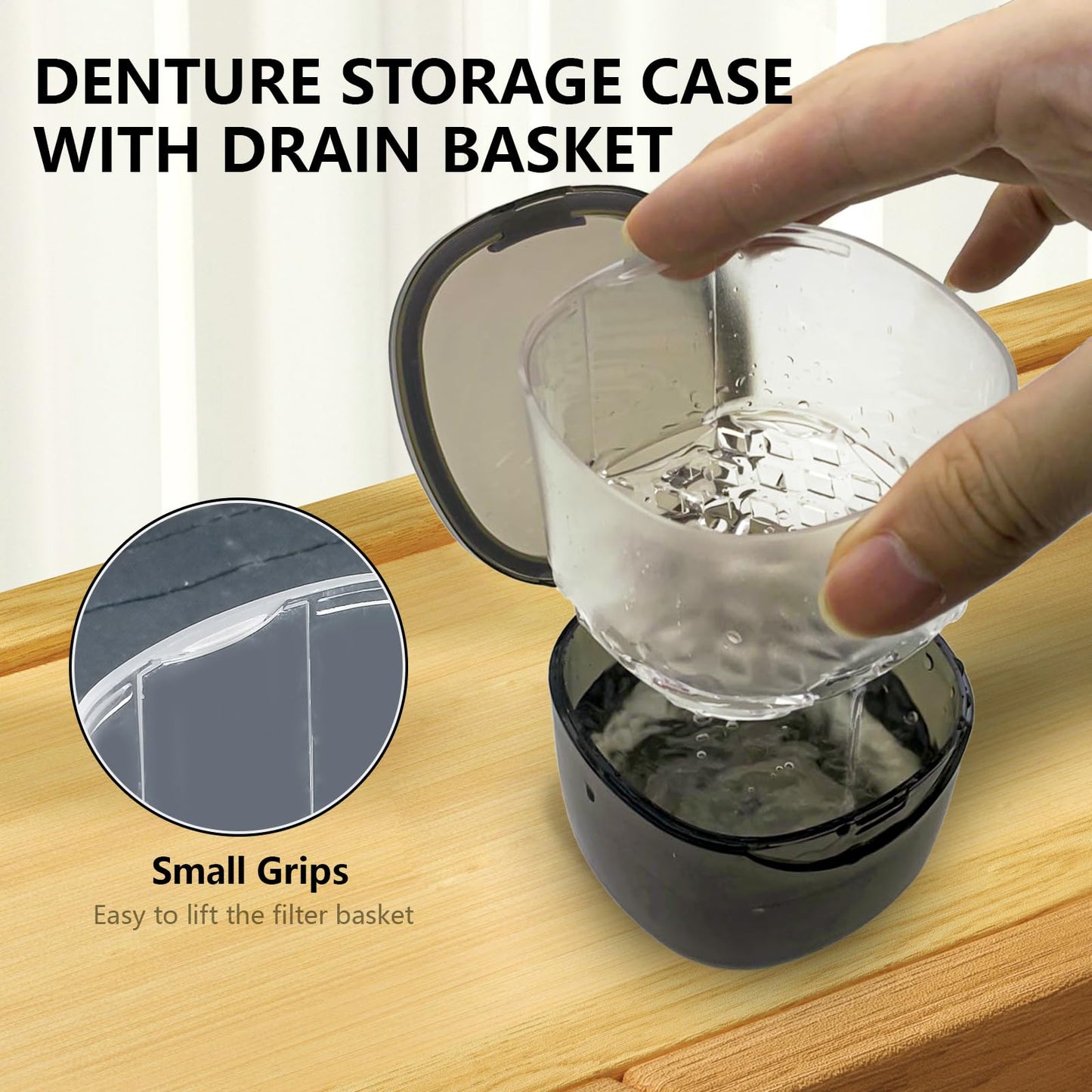 Denture Case No-Leak Soaking Container | Partial Denture Cups | Transparent Black