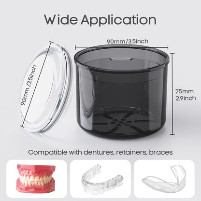 Black Denture Case – Bath Cup with Brush for Dentures, Retainers & Mouth Guards