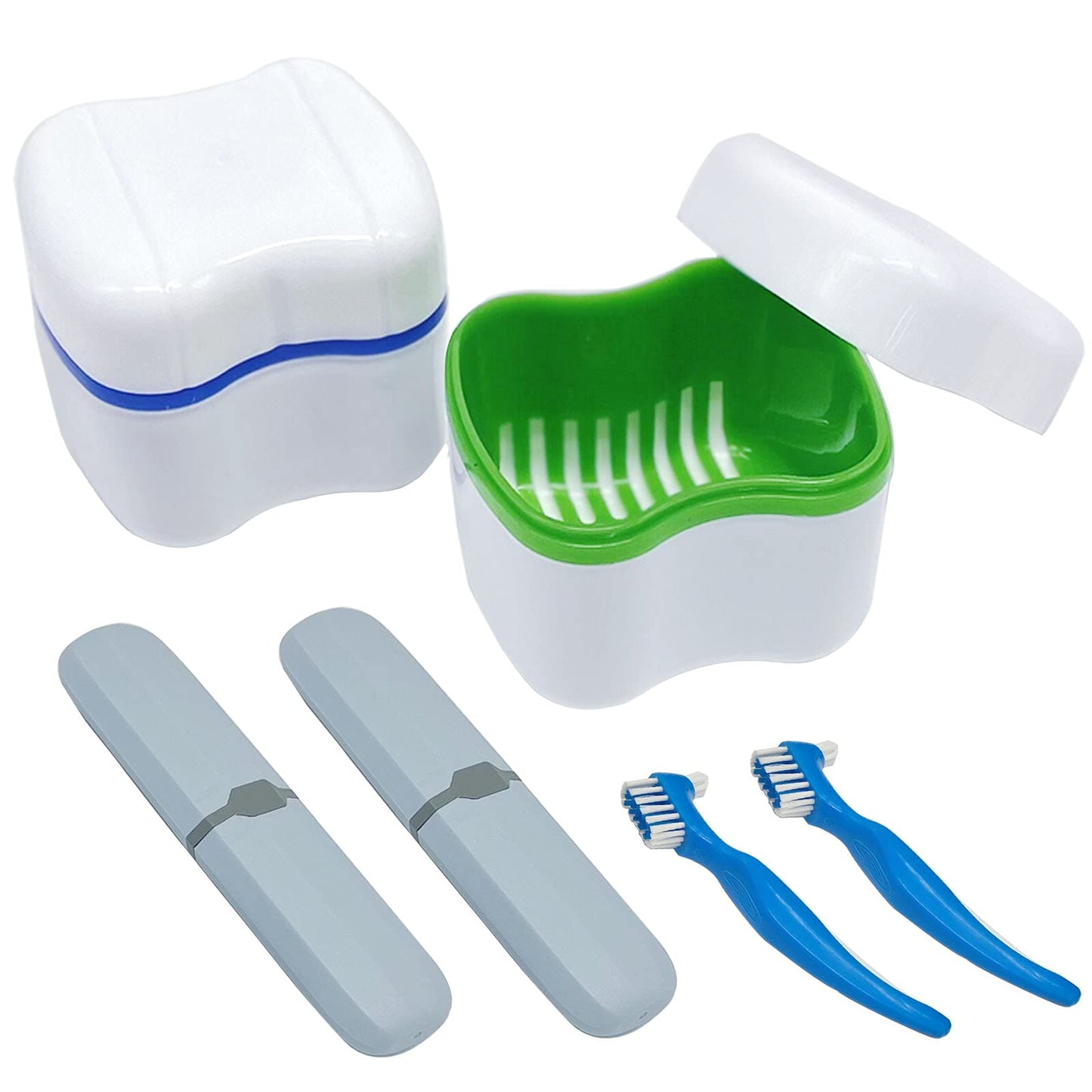 Denture Cup Kit - 2 Denture Cases, 2 Denture Brushes & 2 Portable Boxes | Travel Denture Cleaning Kit