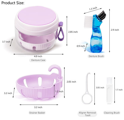 Purple Denture Case with Strainer & Mirror - Leak-Proof Travel Cup