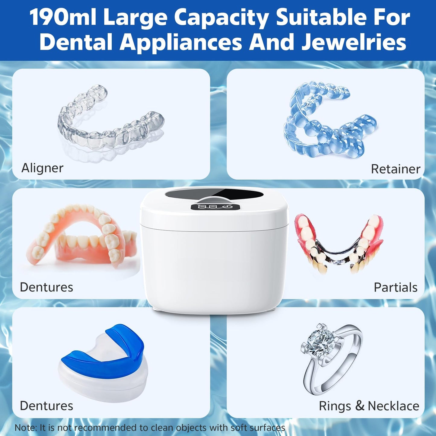 Professional Ultrasonic Retainer Cleaner 45kHz – Portable 190ml, Clean Retainers, Aligners, Dentures