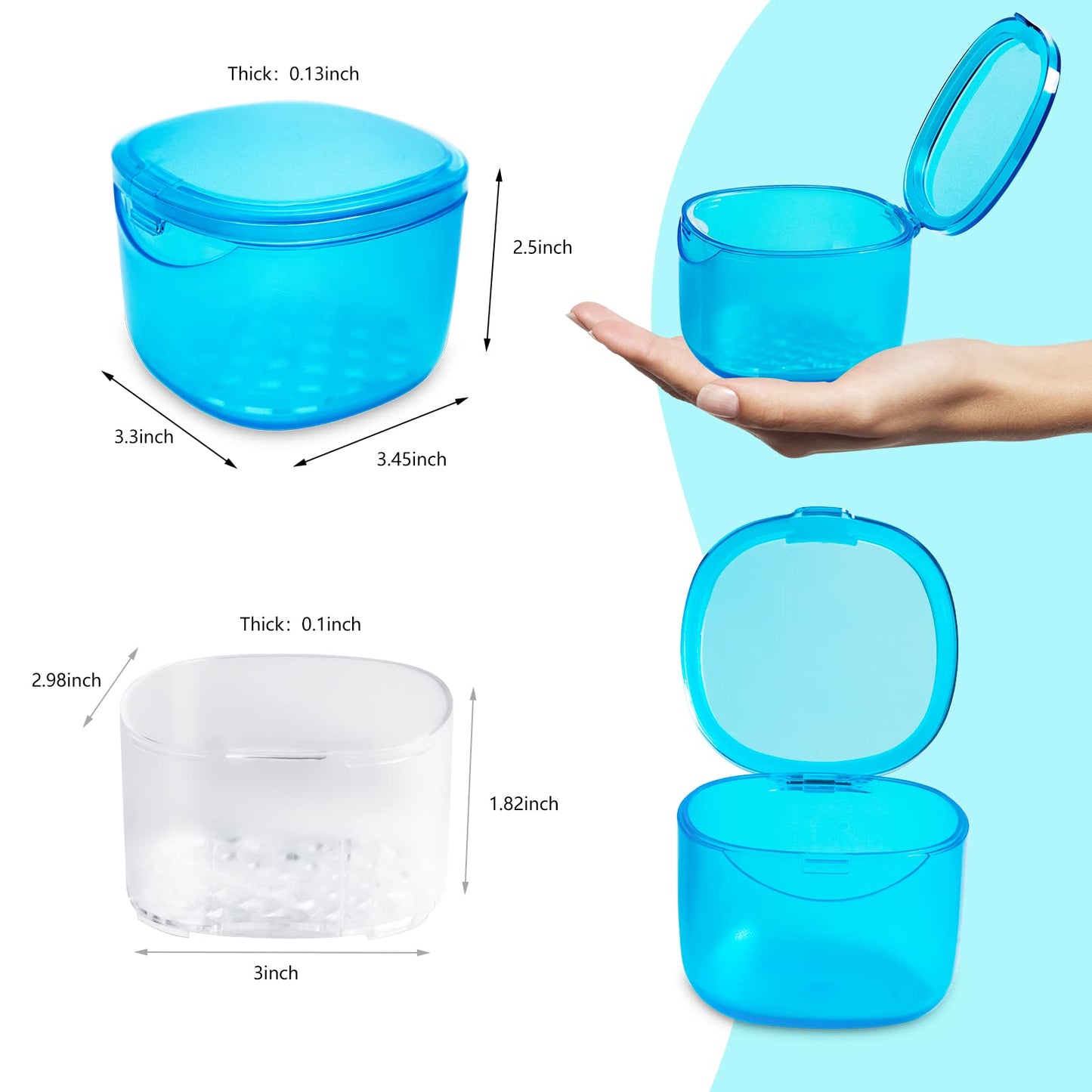 No-Leak Denture Bath Case | Retainer & Mouth Guard Cleaning Box (Transparent Blue)
